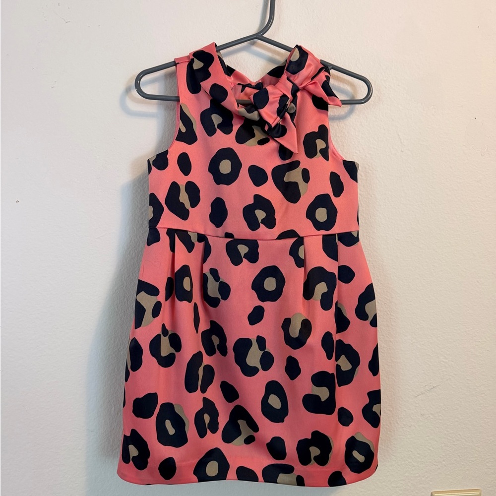 Girls Pink Leopard Print Bow-Shoulder Dress